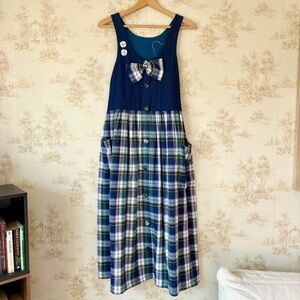 Vintage handmade blue green denim plaid cottagecore patchwork heart jumper dress